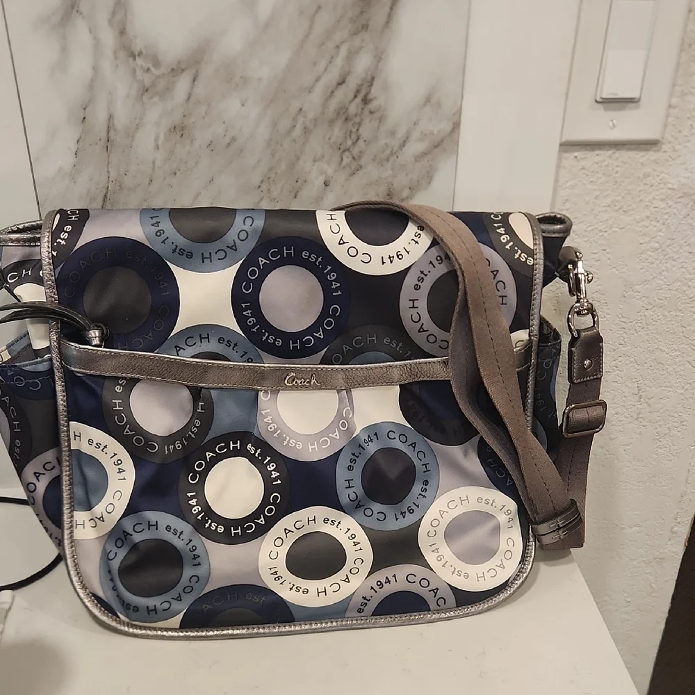 Coach Blue and Gray Signature Circle Messenger Crossbody
